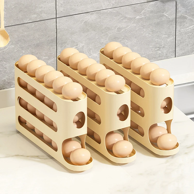 صندوق تخزين البيض الشفاف المكون من 4 طبقات، صندوق تخزين البيض، باب جانبي للثلاجة، بكرة بيض أوتوماتيكية ذات سعة كبيرة