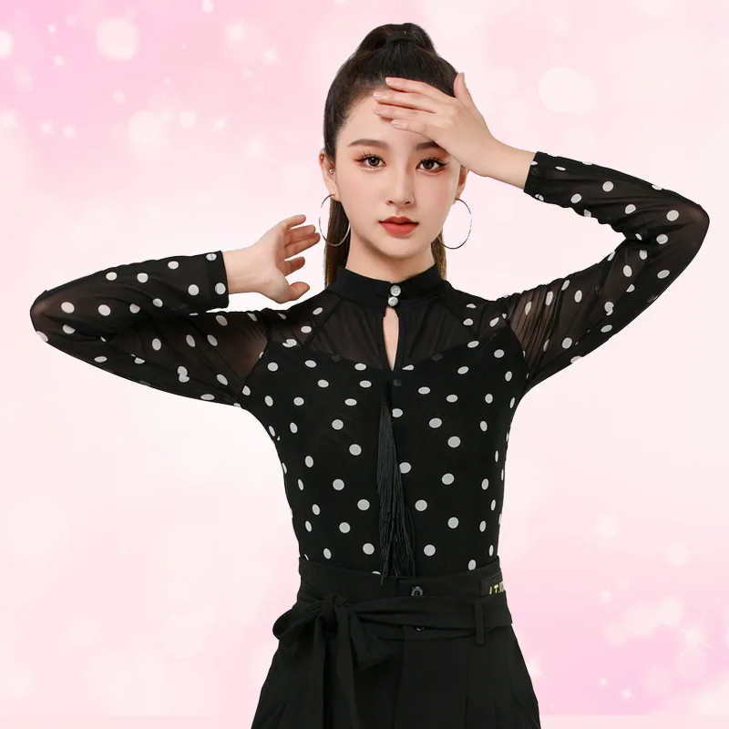 

Костюм для танцев с линиями, новые товары, топы для латинских танцев, женские весенне-осенние сетчатые топы с длинными рукавами, одежда для танцевальных выступлений