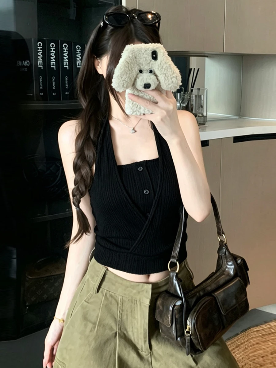 Autumn Winter Unique Lazy Feelings Knitted Neck Hanging Strap Vest Tube Top Slimming Exposing Waist Slim No Sleeve with Chest...