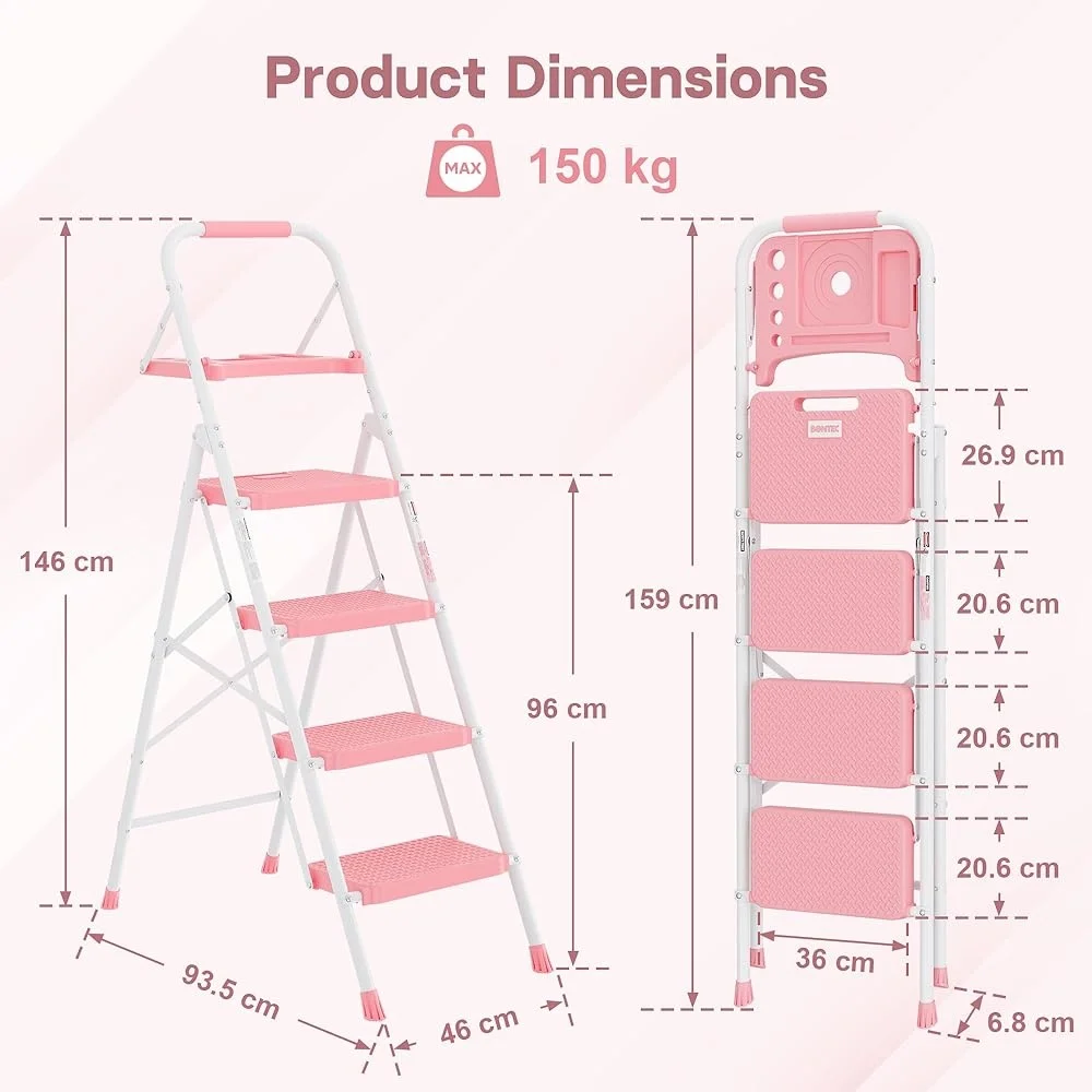 400lbs Max Load 4-Step Folding Ladder Tool Tray Anti-Slip Pedals Portable Lightweight Steel Step Stool Compact Design