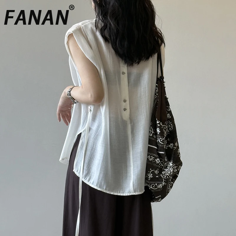 

FANAN Back Button Design Sunscreen Shirts For Women Round Neck Sleeveless Lace-up Gathered Waist Bloouses 2025 Summer New
