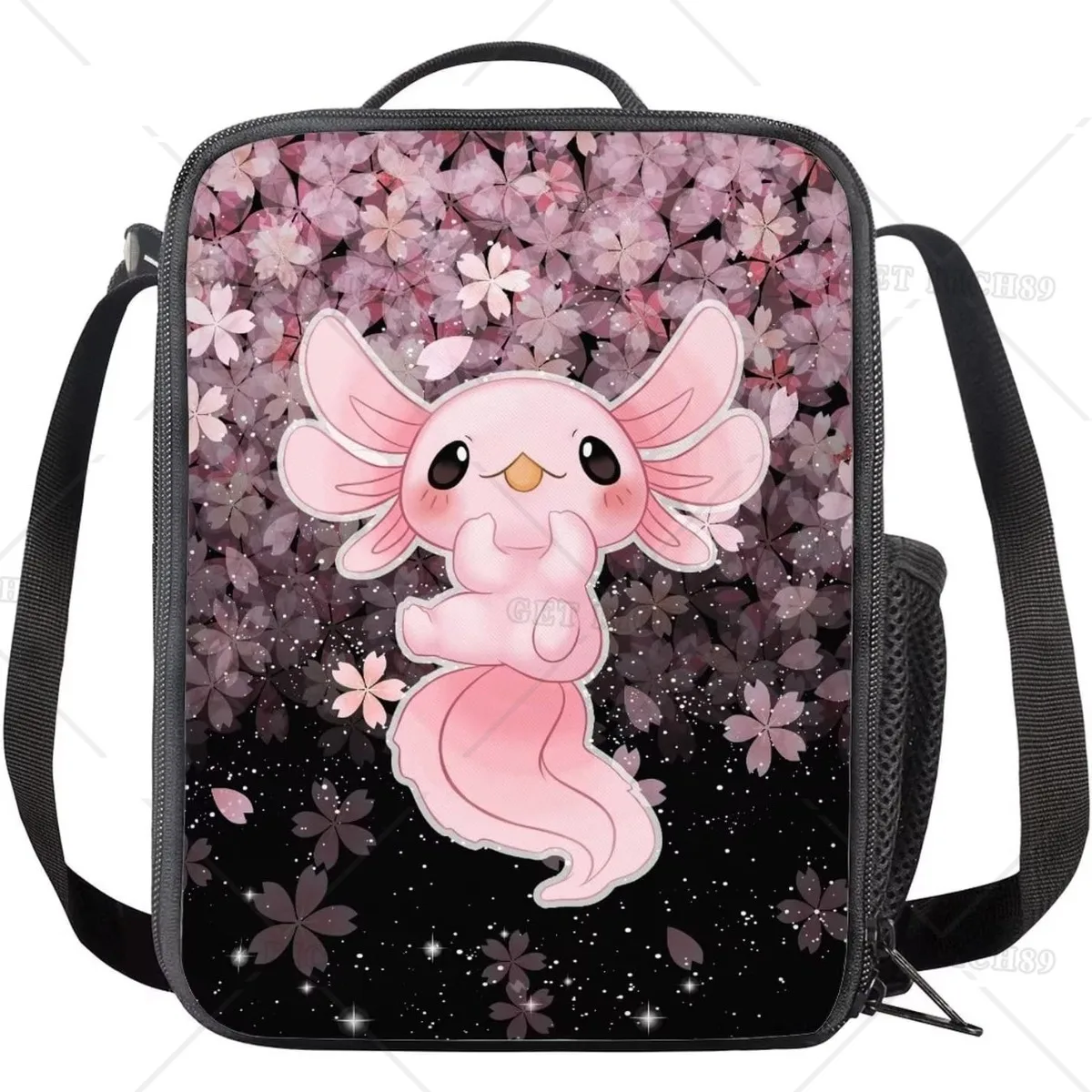 Cute Axolotl Lunch Bag Cherry Blossom Lunch Box Lunchbag Picnic Organzier Shoulder Tote Handbag for Adults Kids Girls School