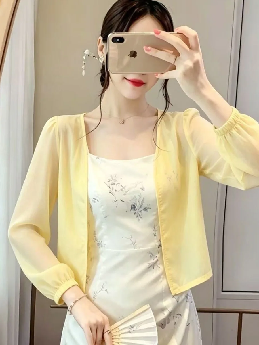 New Chinese Style Loose Slimming Chiffon Cardigan Women's Summer New Model with Sling Skirt Sun Protection Skirt Doll Short Coat