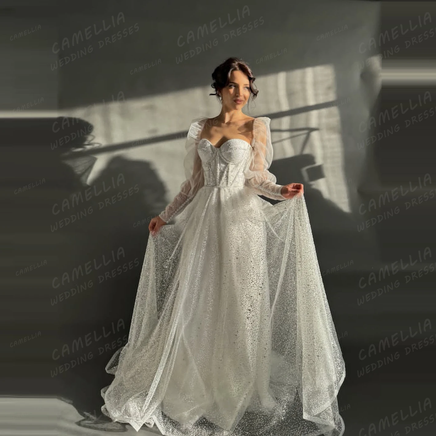 فساتين زفاف لامعة مطرزة للنساء على شكل حرف A على شكل قلب وأكمام طويلة فساتين زفاف فيستدوس دي نوفيا مخصصة للحفلات أنيقة #2