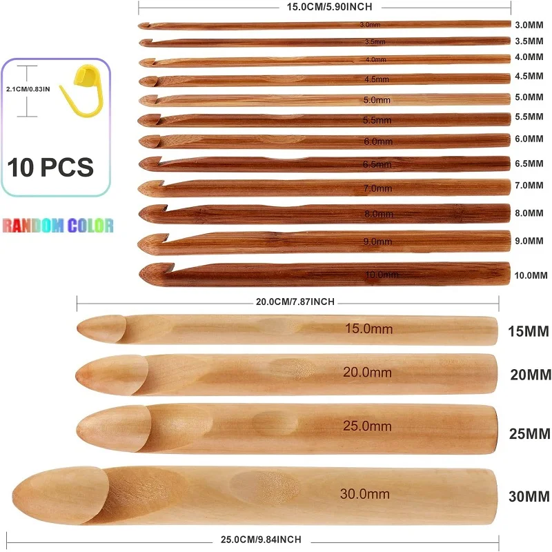 16 sztuk drewnianych haczyków do szydełkowania od 3 do 30 mm w średnicy Zestaw do szydełkowania z 10-częściowymi markerami do szydełkowania DIY