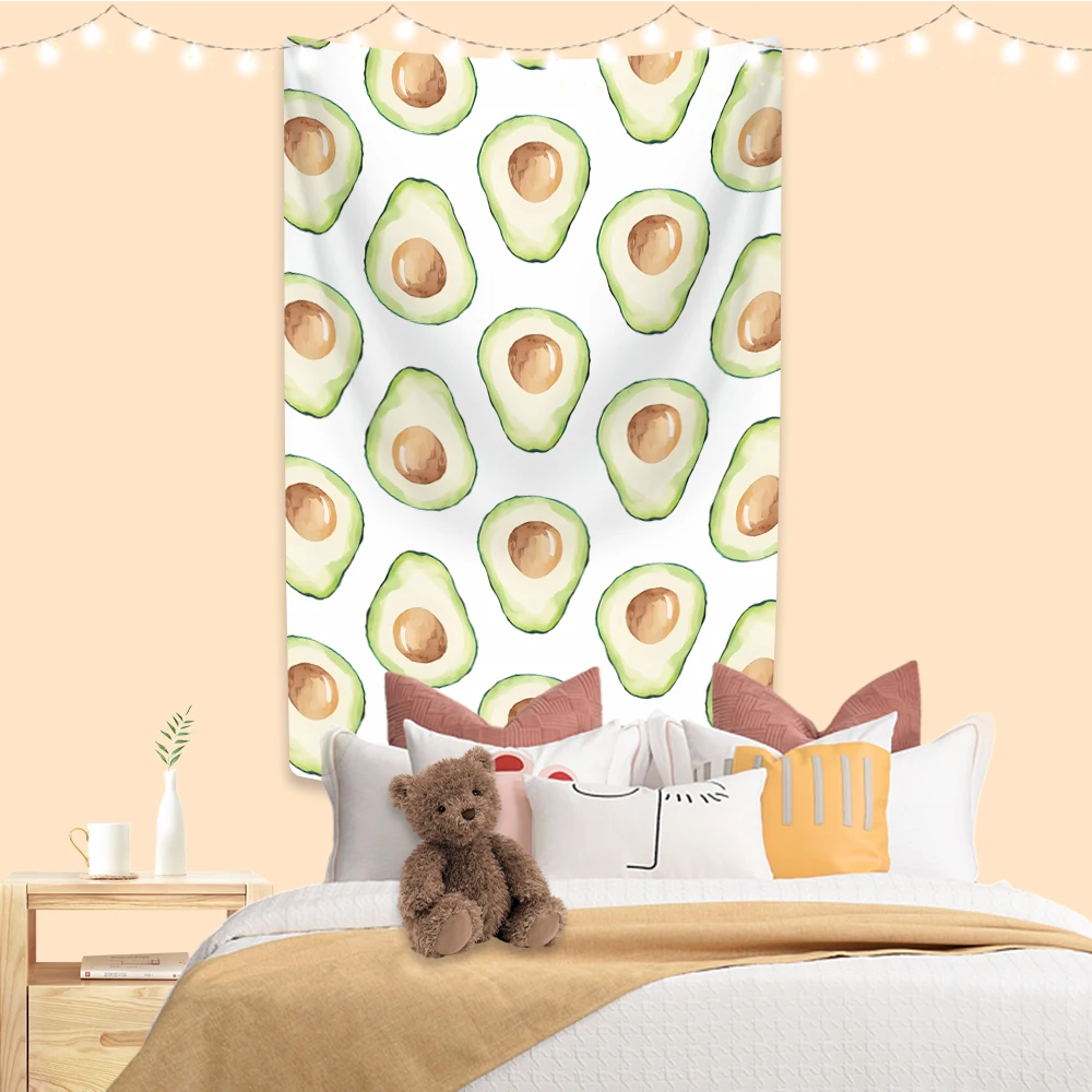 XxDeco Kawaii Cartoon Fruit Tapestry Strawberry Avocado Orange Printed Dormitory Home Decoration Wall Hanging Background Cloth