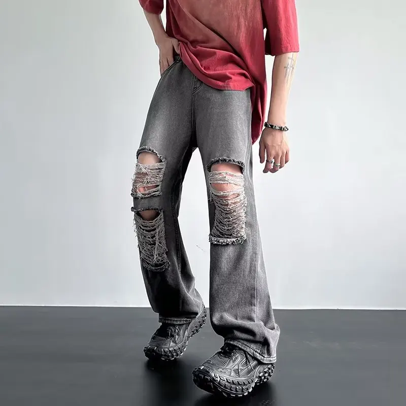 Jeans Männer Distressed Loch Unisex Gerade All-match Chic Sommer Lose Gewaschen Vintage High Street Amerikanischen Stil Denim Mode
