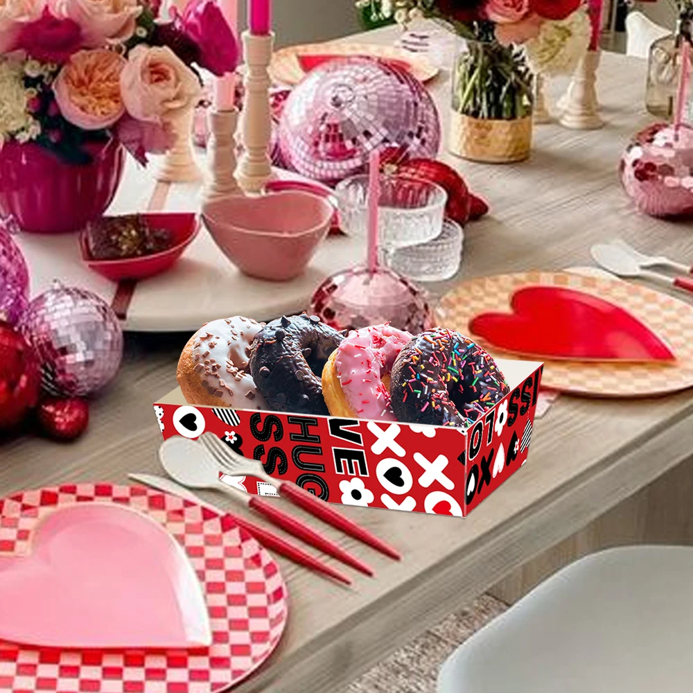 4/8Pcs 발렌타인 데이 일회용 종이 음식 트레이 붉은 심장 립 마크 인쇄 발렌타인 데이 웨딩 파티 스낵 트레이 용품
