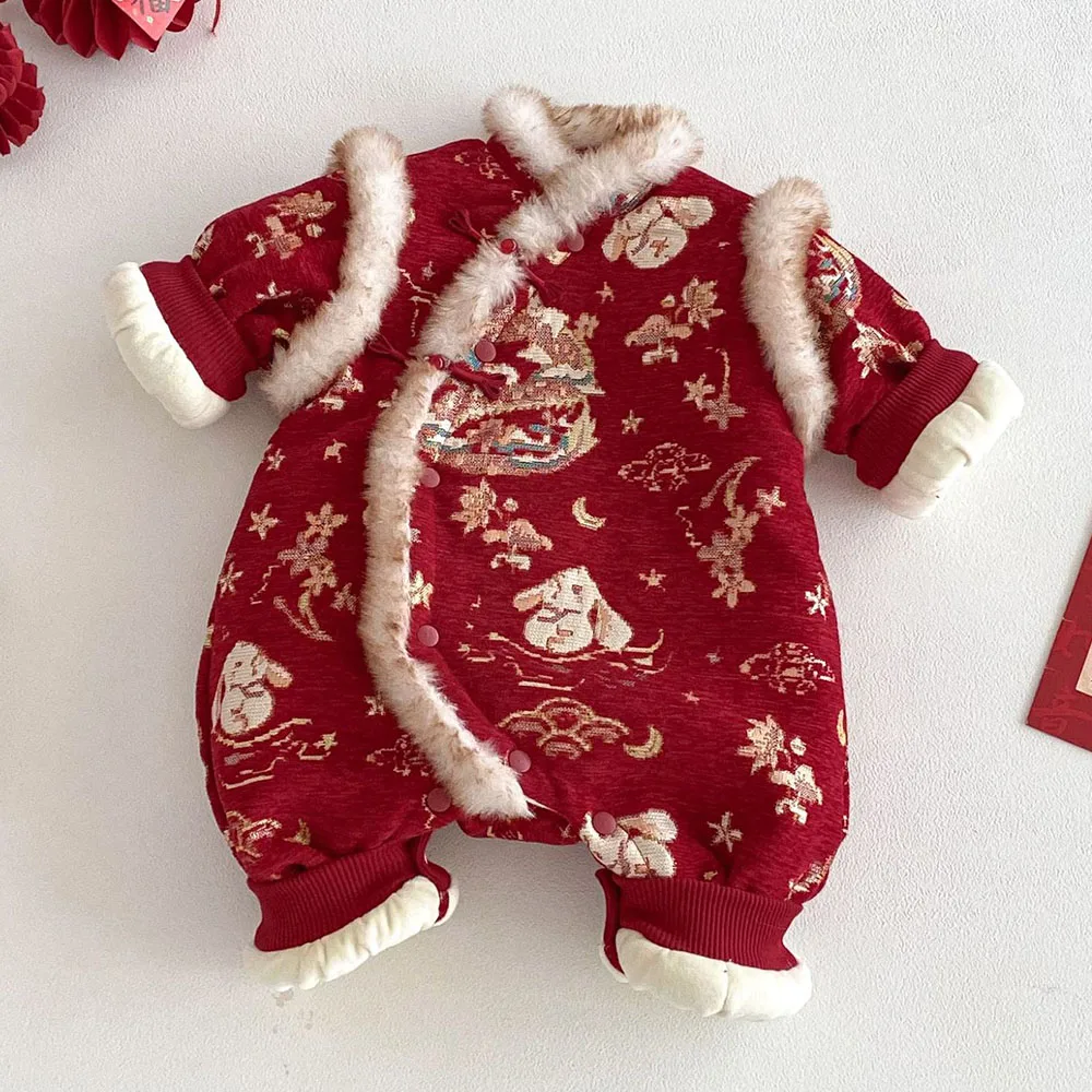 Christmas Baby Girl Winter Romper Long Sleeve Velvet Thicken Warm Chinese Traditional Clothes New Year Baby Boy Jumpsuit