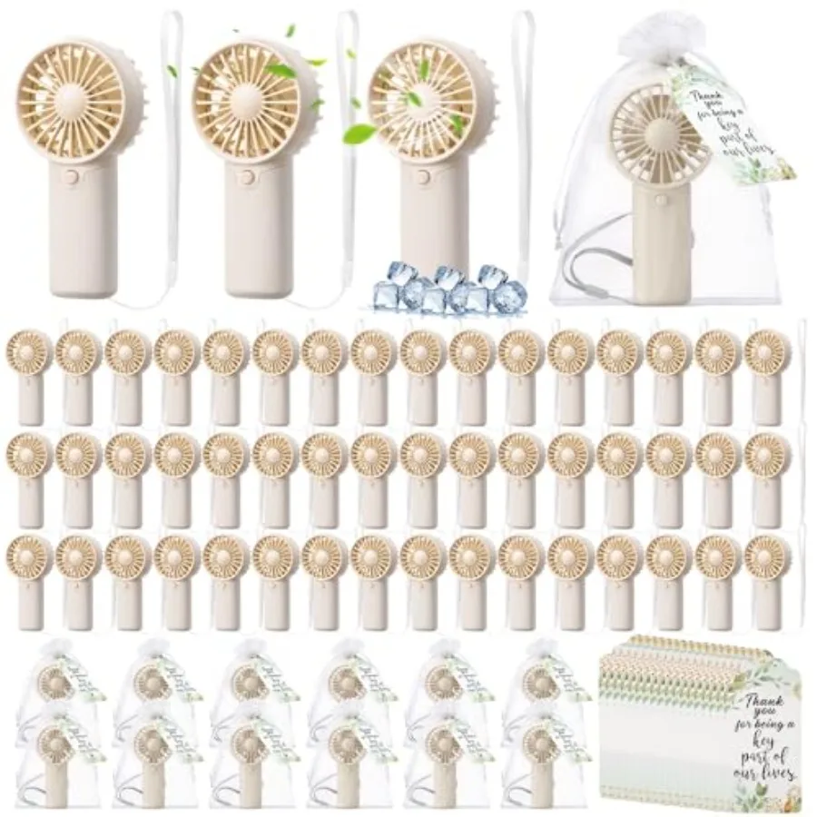 

Wedding guest favors: portable battery-operated mini handheld fans in white, lightweight plastic, perfect for summer outdoor br