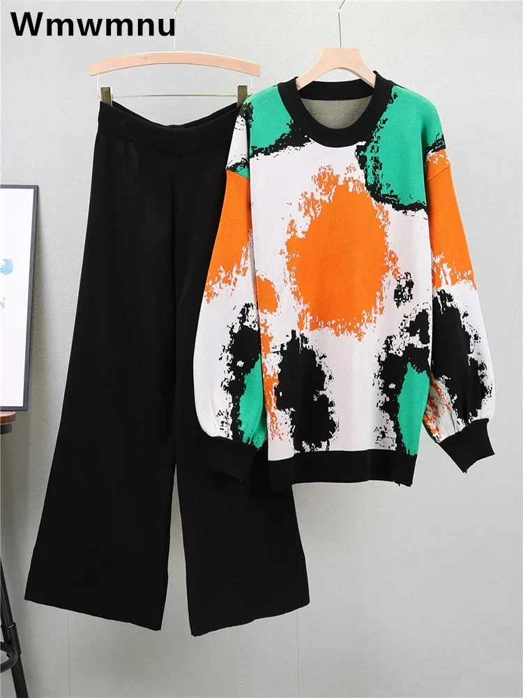 

Tie Dye New Print Casual Knitwear Jumper Conjunto Pullover Sweater 2 Piece Sets Women High Waist Solid Knit Wide Leg Pant Outfit