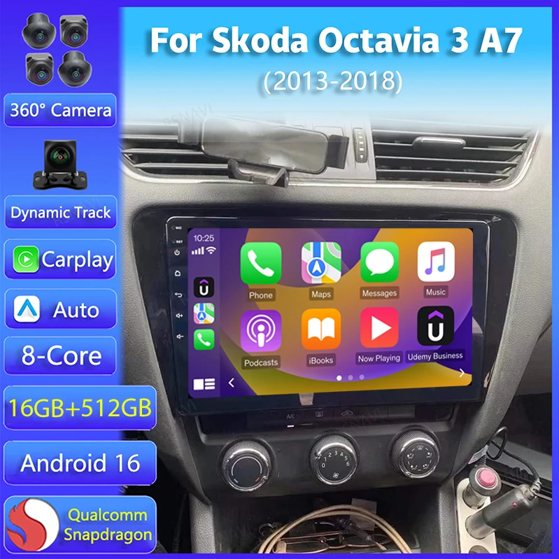Android 16 Carplay Auto For Volkswagen Skoda Octavia 3 A7 2013 2014 2015 2016 2017 2018 Multimedia Car Radio Player DSP Stereo
