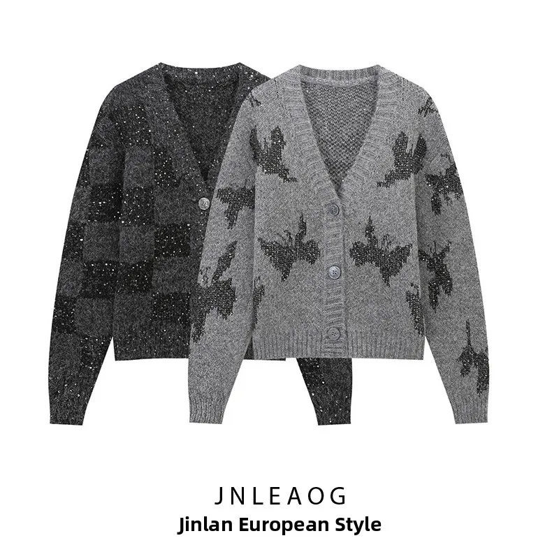 JNLEAOG automne nouveau Faionable paillettes tricoté Cardigan femmes coupe ample v-ne longue Sve Polyester Fiber motif Animal