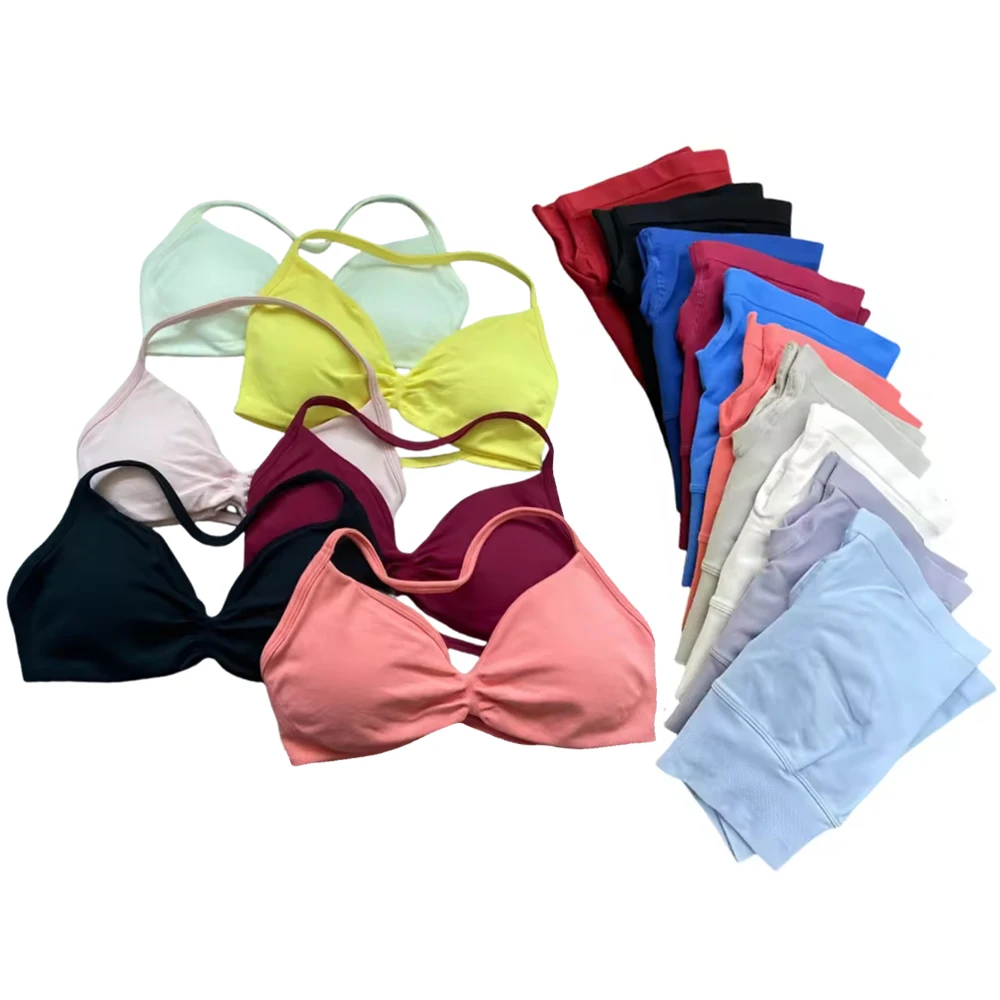 

Women's Yoga Fitness Suit Seamless Lace-Up Yoga Bra Top High Waist Workout Scratch Shorts Sports Suit Fitness Suit