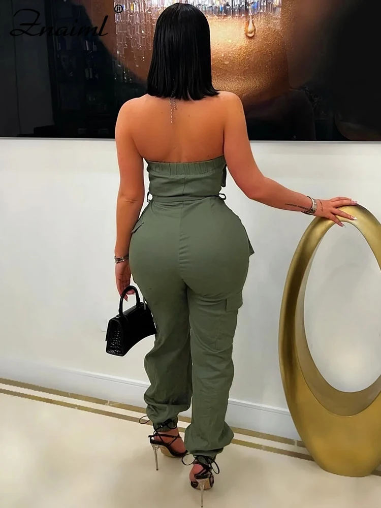 Znaiml Sexy Off-Shoulder Strapless Sleeveless Pocket Jumpsuit with Bandage Women Birthday Party Club One Pieces Pencil Rompers