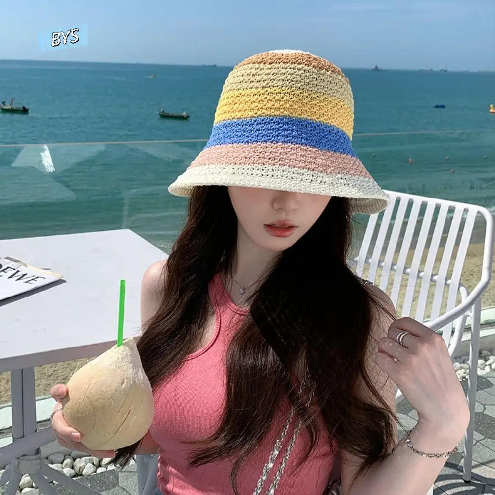 

Adjustable Shade Sun Caps Rainbow Straw Hat Weave Wide Brim Sunscreen Bucket Hat Stripe Sunscreen Beach Fisherman Hat Women