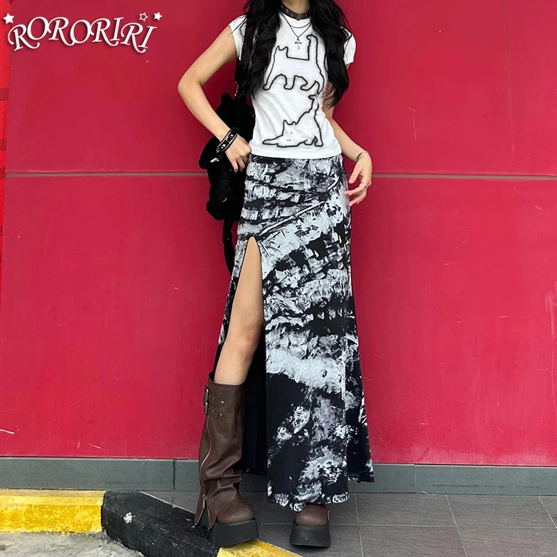 

RORORIRI Gothic Black Tie Dye Long Skirt Women Low Waist Split Aesthetic Printing A-line Maxi Skirt Steampunk Vintage Clothing