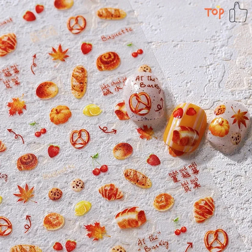 Autumn Atmosphere Fall Maple Leaf Toast Croissant Cherry Strawberry Food Bagels Reliefs Adhesive Nail Art Sticker Manicure Decal