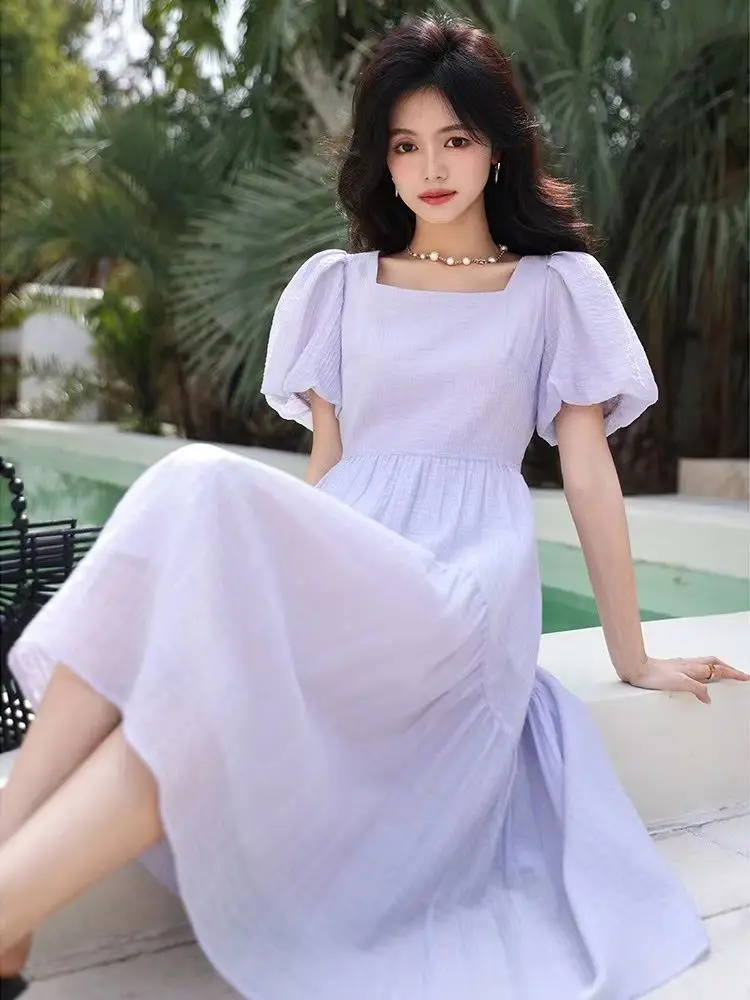 New Women Chiffon Dress Long Comfortable Forest-Style Square Neck Solid Half Breasted Puff Short Sleeve Mid Length Skirt