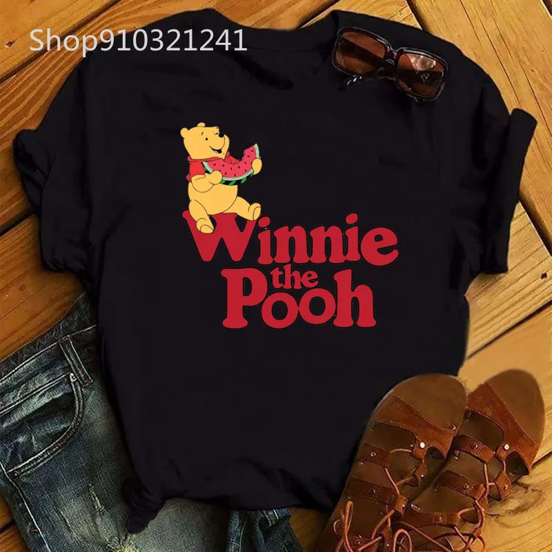 Kawaii Winnie the Pooh Graphic Cartoon Piglet T-shirt Women Harajuku Black T Shirt Merry Christmas Short Sleeve Tshirt