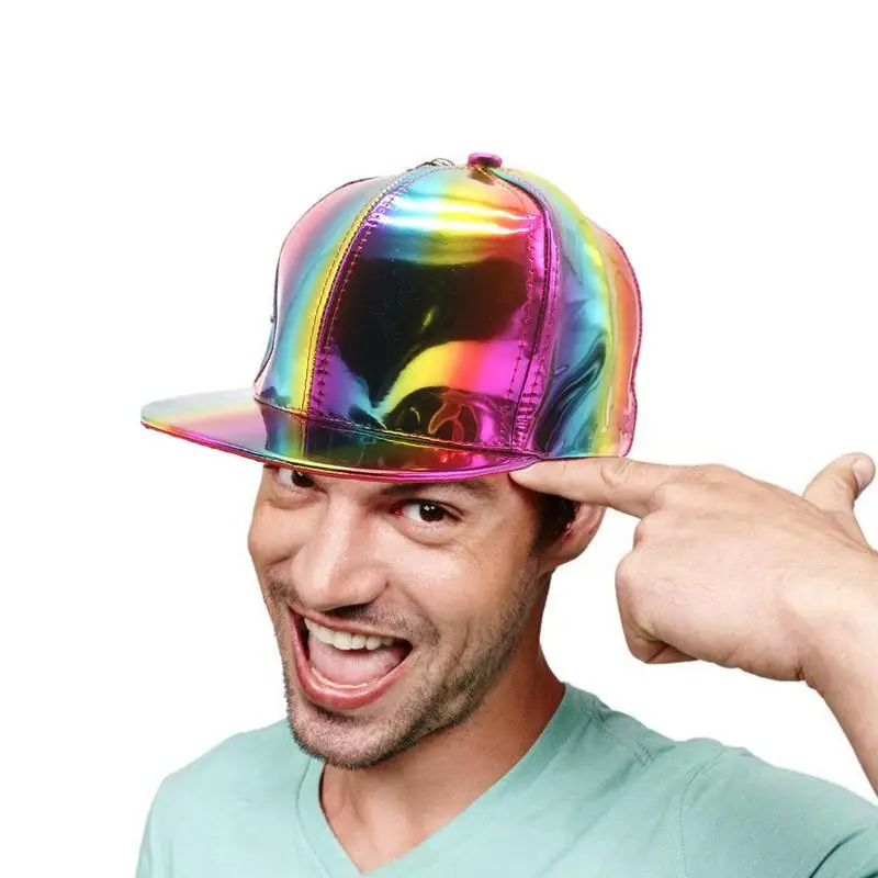 

Rainbow Reflective Hip Hop Rave Hat Hip Hop Flat Brim Rock Snapback Hat Reflective Snapback Hat For Rave Cosplay Casual