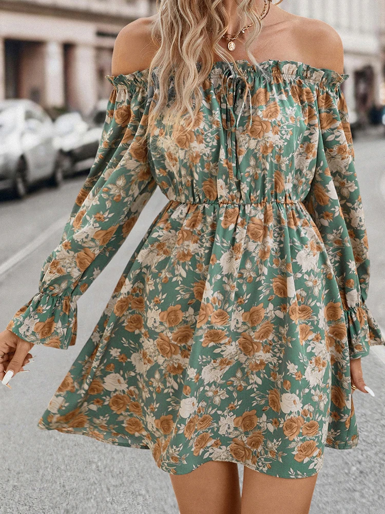 

Boho Dress Women Summer Off Shoulder Long Sleeve Short Dresses Lady Bohemian Floral Print Holiday Beach Sundress Casual Vestidos