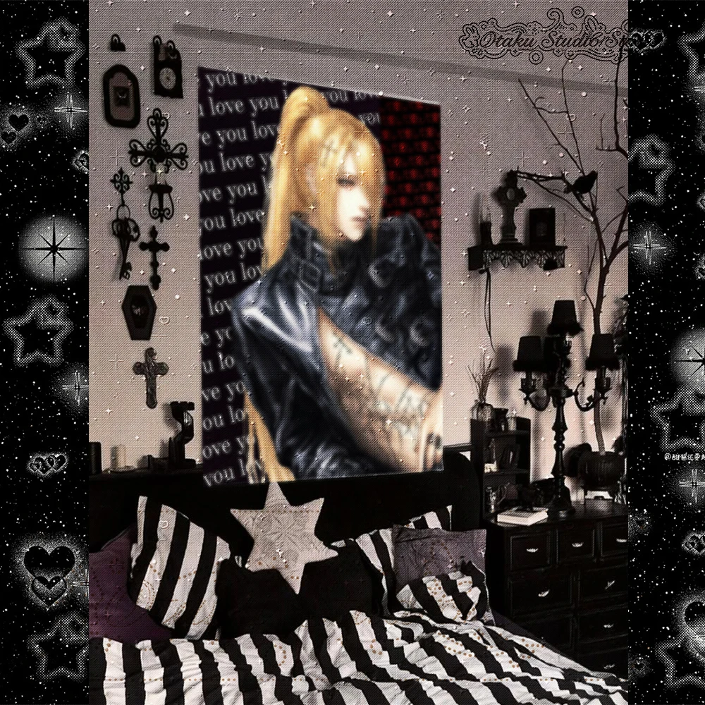 きりきり Blonde High Ponytail Man Cross Tattoo Leather Jacket Dark Gothic Vertical Tapestry Y2K Door Wall Hanging