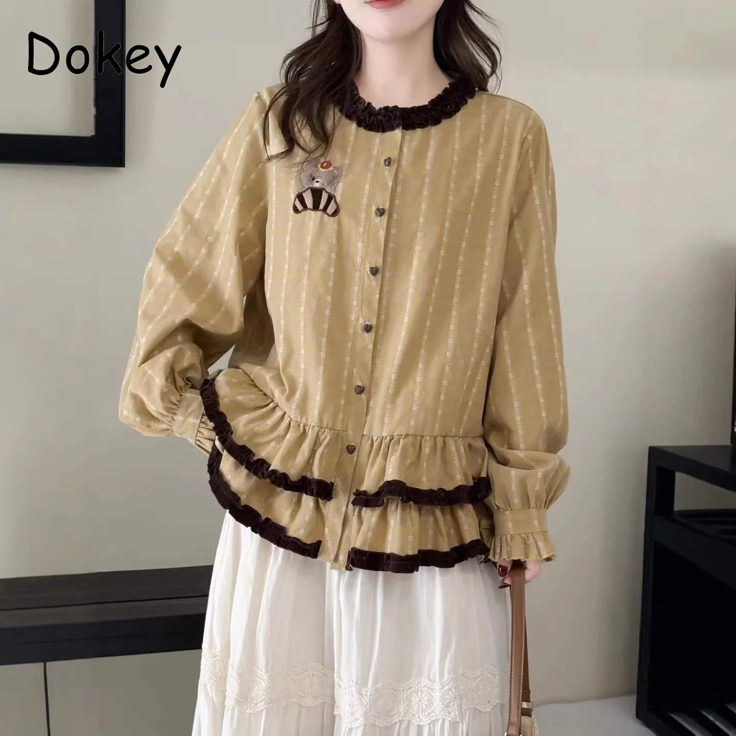 

Vintage Lace Ruffled Lolita Plaid Shirt Women Spring Autumn Japanese Mori Girl O-neck Long Sleeve Blousa Cotton Top Mujer De Mod