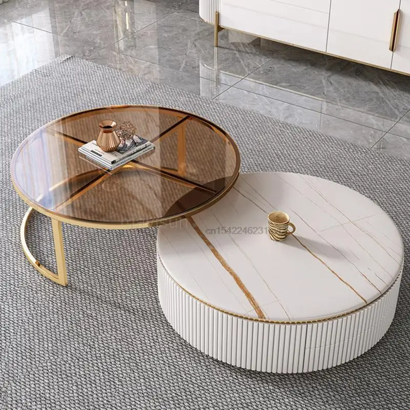 Italian Tempered Glass Round Coffee Table Combination Set Of Two Pieces Living Room Long Tv Cabinet 2m For Large Villa High-End