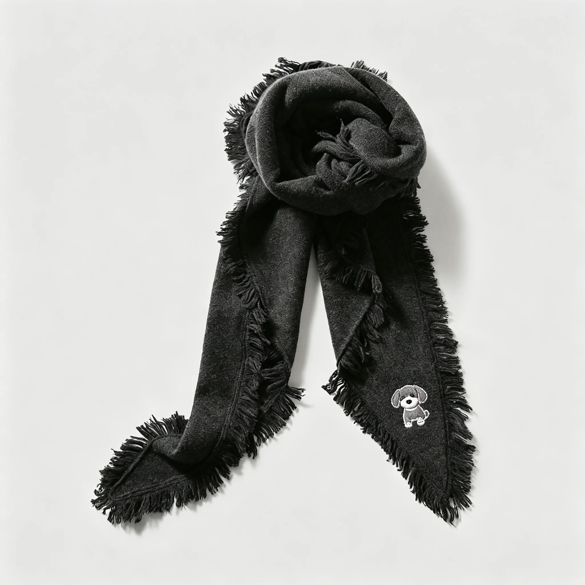 Fringed Triangle Shawl with Cute Puppy Embroidery, Black Warm Scarf