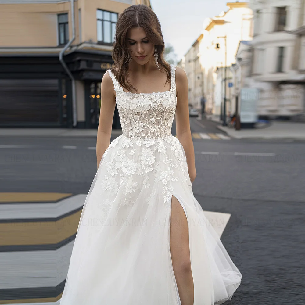 Robes de mariée longues en tulle avec appliques ivoire pour femmes, robe de mariée à bretelles spaghetti, robe de train de balayage, 2024