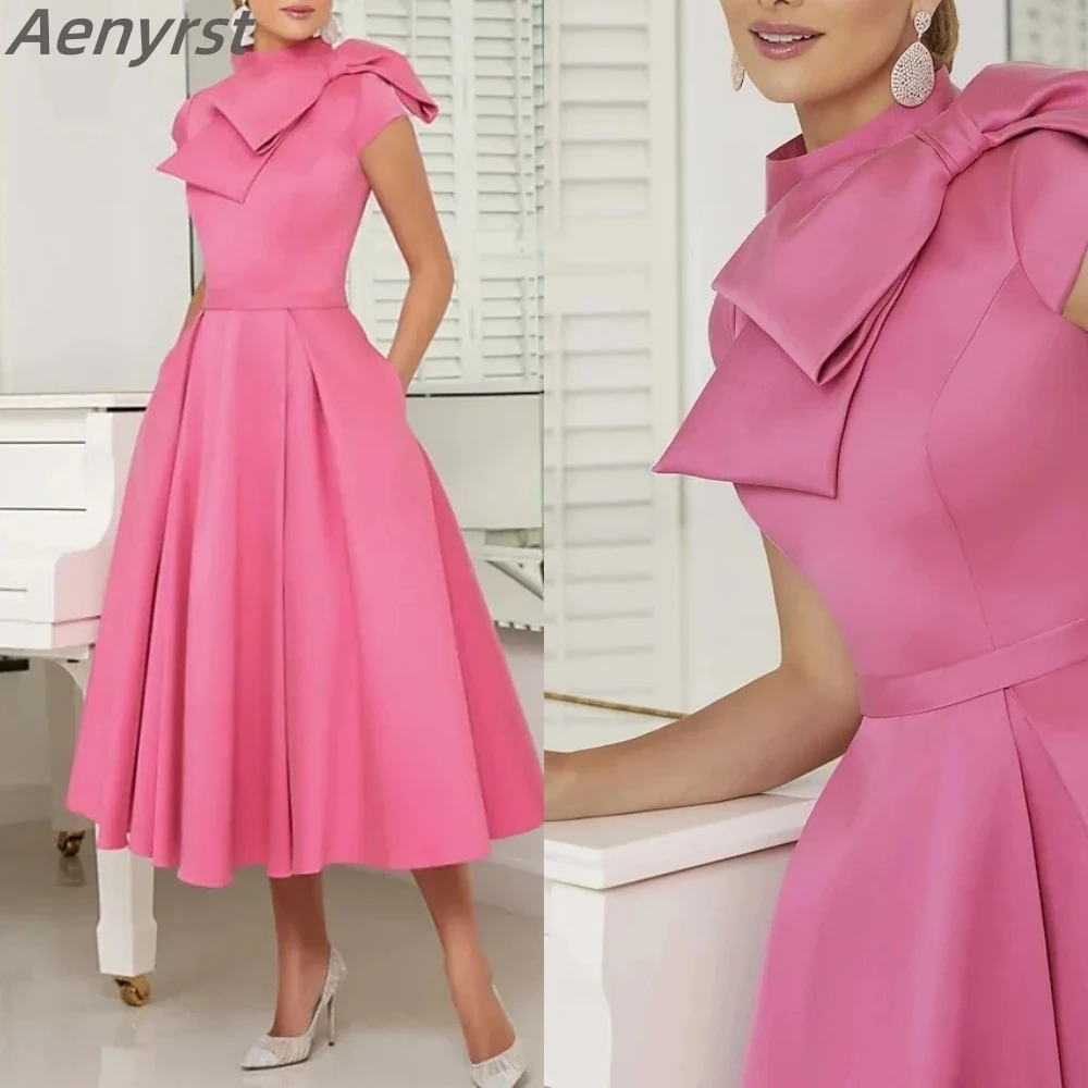 Luxury Evening Dress A-Line With Pockets Elegant High Neck Prom Gown Tea Length Satin Short Sleeve Big Bow Wedding Party Gowns