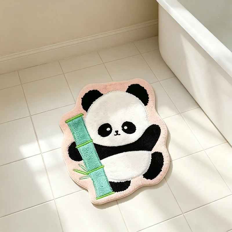 VIKAMA Panda Holding Bamboo Shaped Plush Bath Mat Non Slip Absorbent Cute Cartoon Animal Indoor Floor Decor Mat