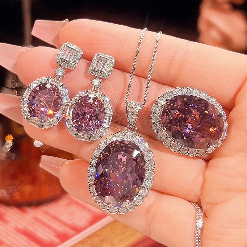 

Luxury Pink Oval Cubic Zirconia Jewelry Adjustable Ring Necklace Earrings for Women Statement Halo Crystal Wedding Party Jewelry
