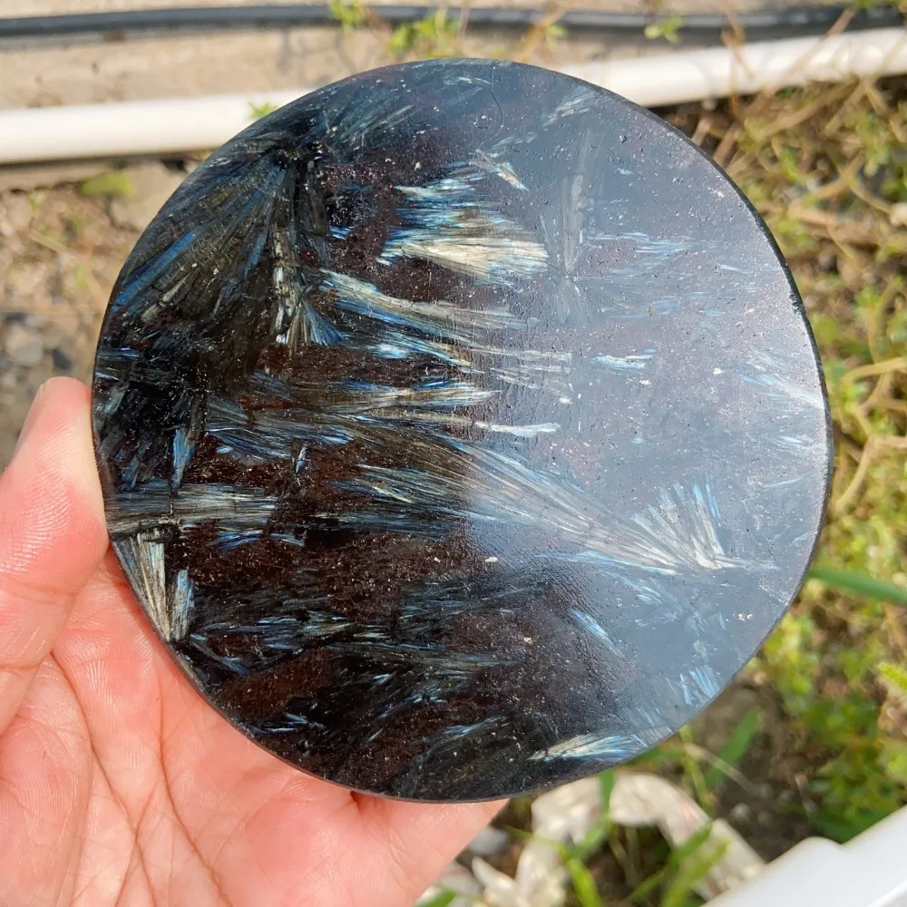 Natural Crystal Astrophyllite Stone Slice   Blue Flash Circle Disk Round Plate Scrying Mirror Energy Crafts Witchcraft Decor - view 5
