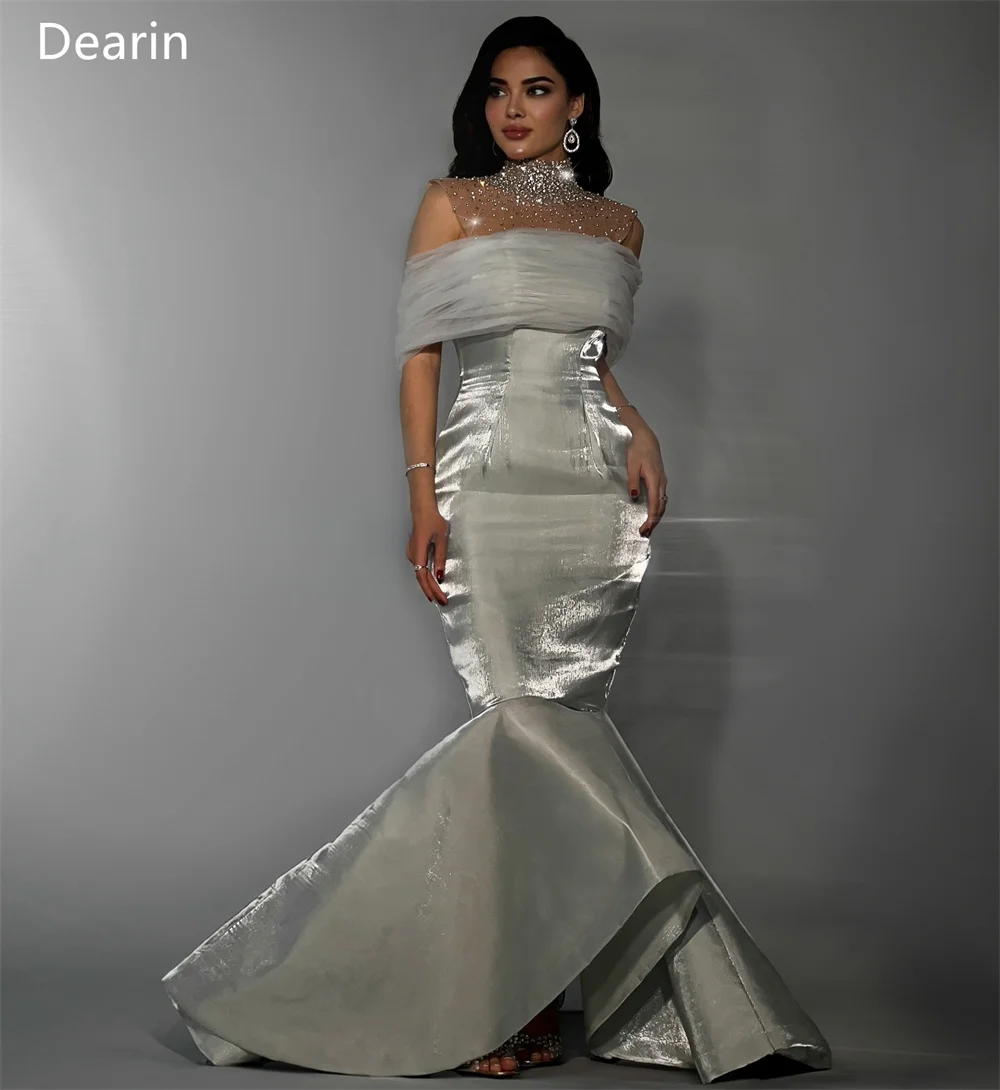 Customized Formal Dress Evening Women Dearin High Collar Trumpet Floor Length Skirts Draped Shirred Tulle Beading Bespoke Occasi