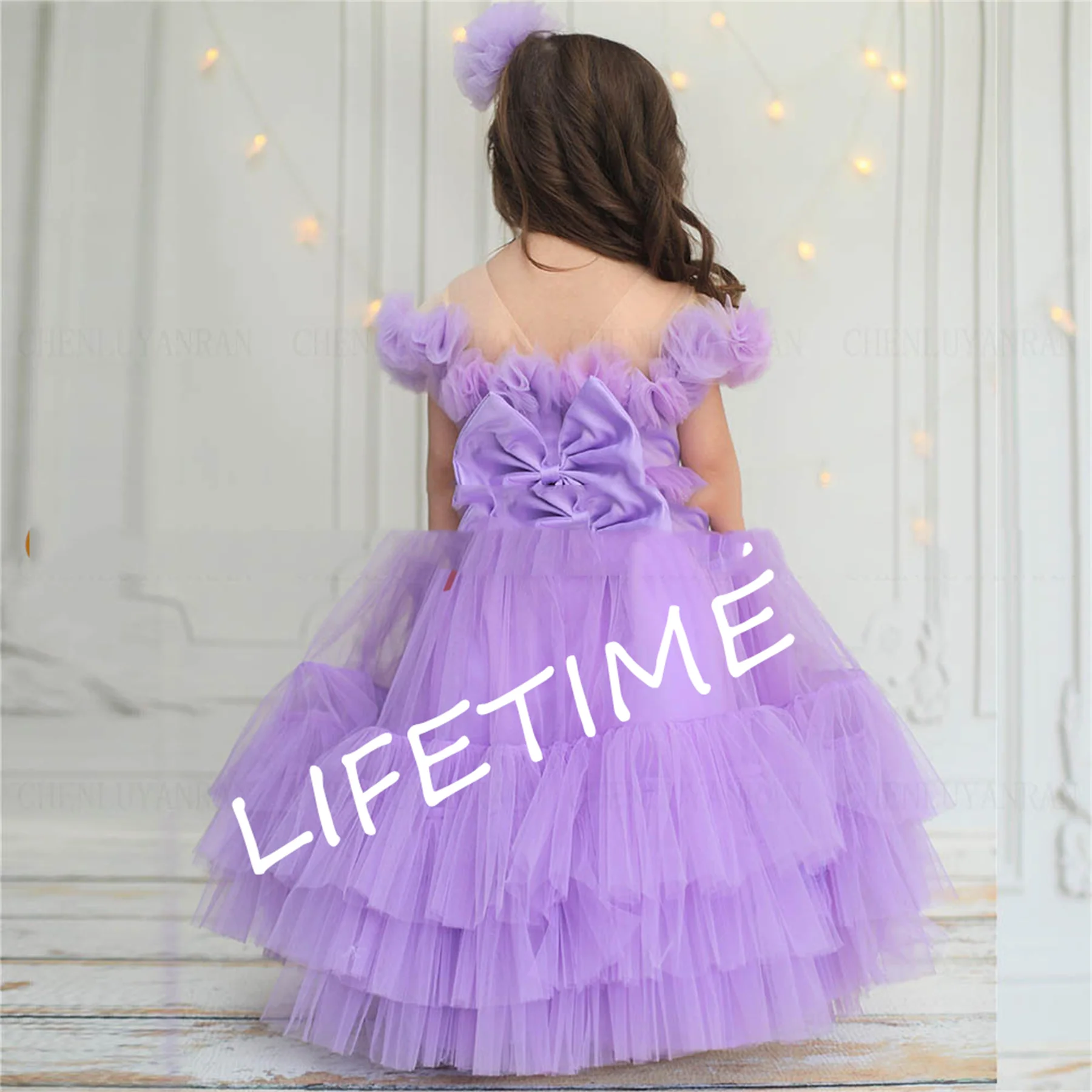 

Purple Tulle Flower Girls Dresses 2023 O-Neck A-Line Puffy Kids Wedding Party Dress Short Sleeves Bow Cute Girl Princess Gowns