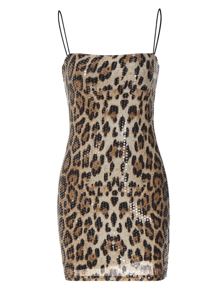 2024New Leopard Print Street Style Nightclub Easy Matching Sling Beaded Dress Sexy Hot Sale Fashion Women's Wear