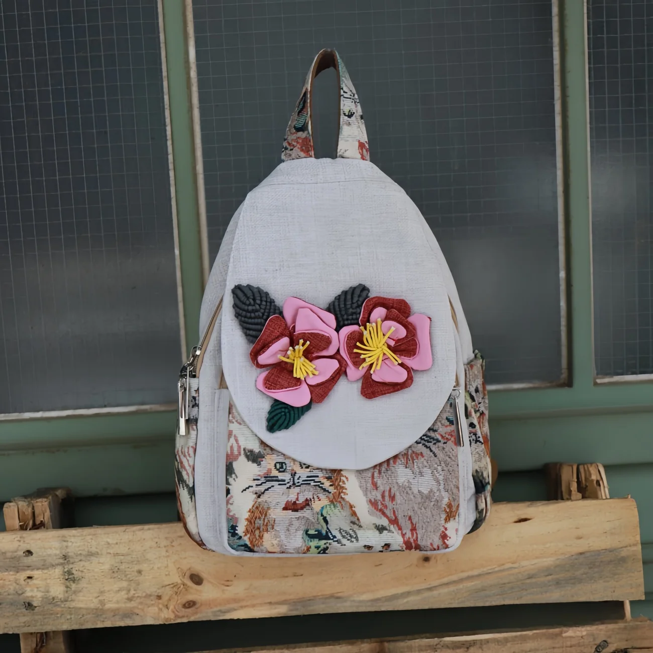 

Hand woven flower multi layered canvas backpack, birthday gift for girlfriend