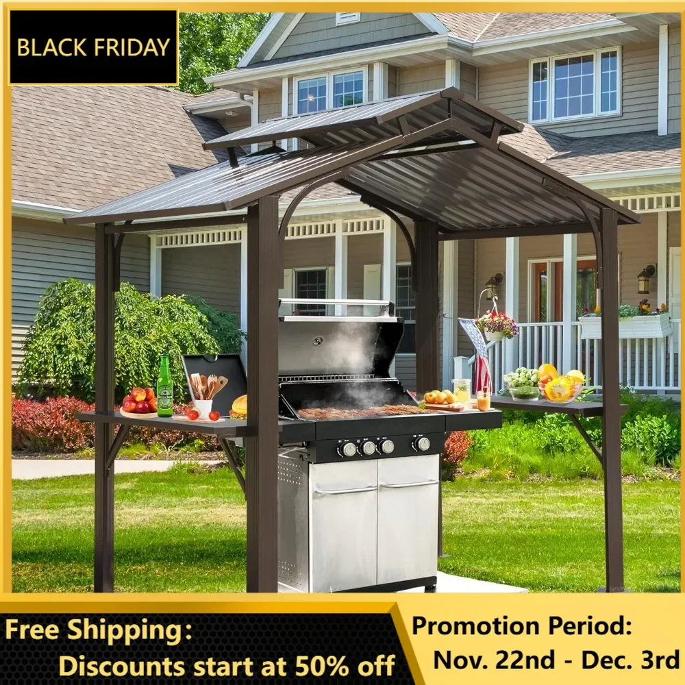 8×5 FT Hardtop Grill Gazebo, Outdoor BBQ Gazebo with Galvanized Steel Double Roof, Permanent Sun Shade Grill Canopy Shelter