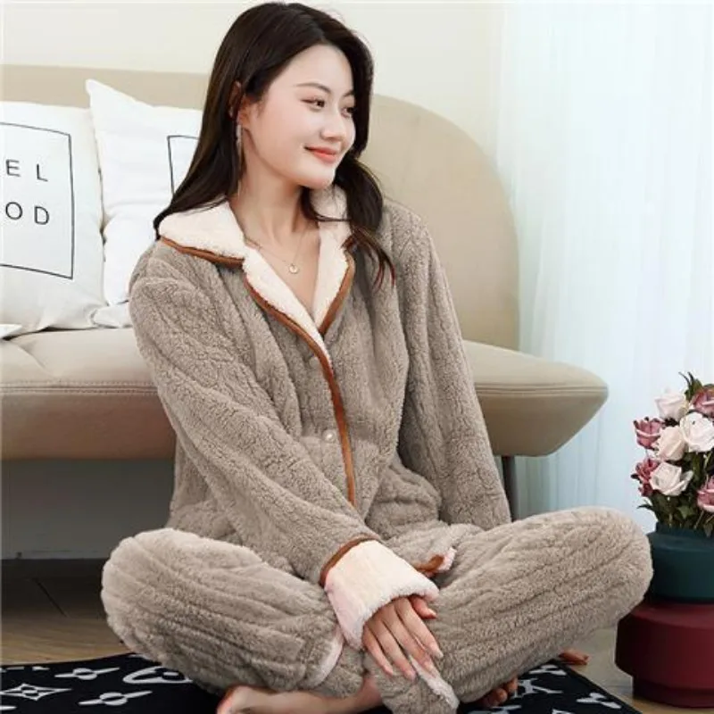 2023 New Women Winter Plush Thick Sleepwear Coral Velvet Pajamas Homewear Middle-aged Warm Loungewear Set Loose V-neck Nightwear