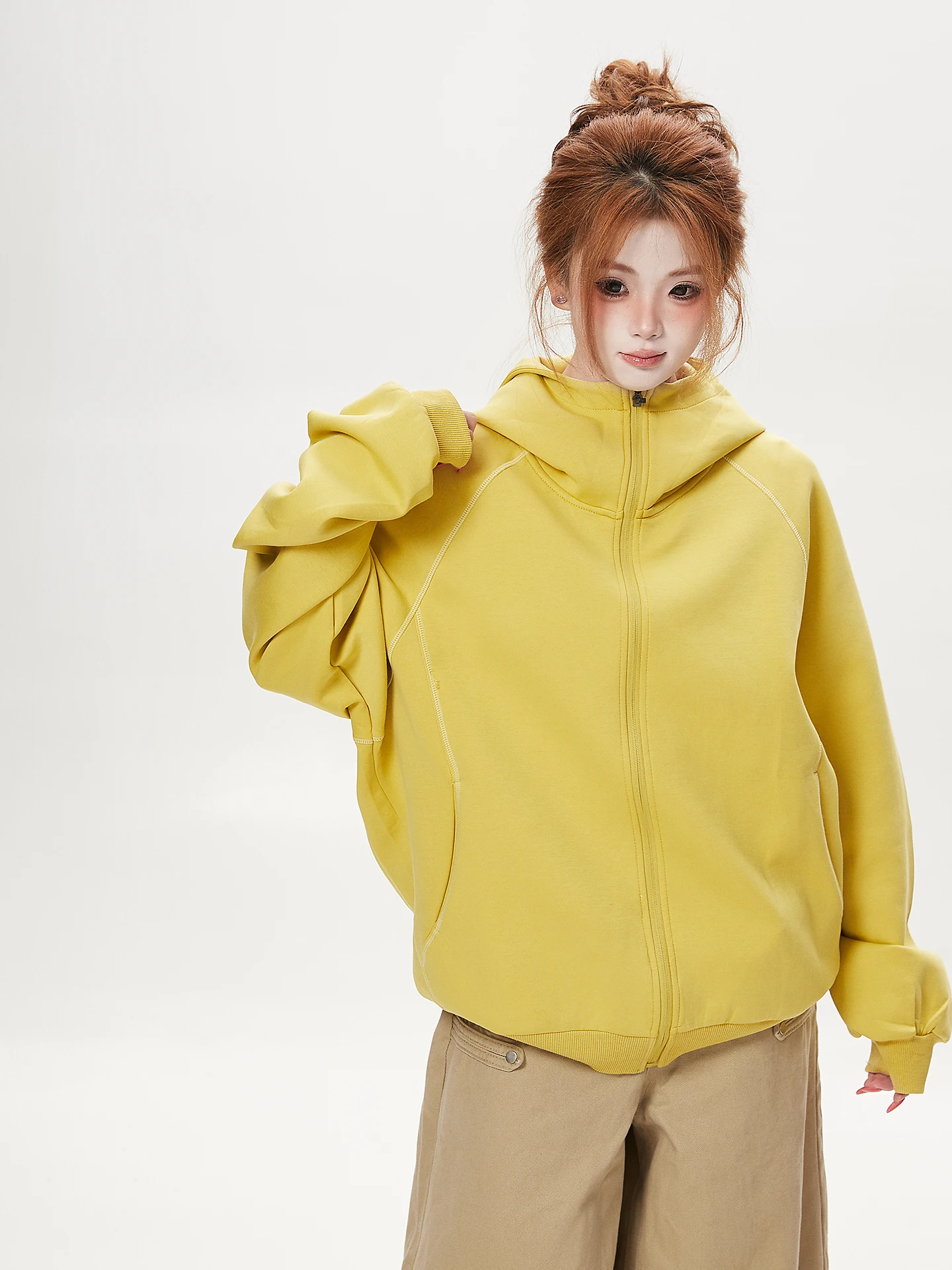 Casual Style Ant Hooded Open Cardigan Women's Loose Fitting Student Slimming Outerwear Cotton Polyester Blend Long Sleeve Zipper
