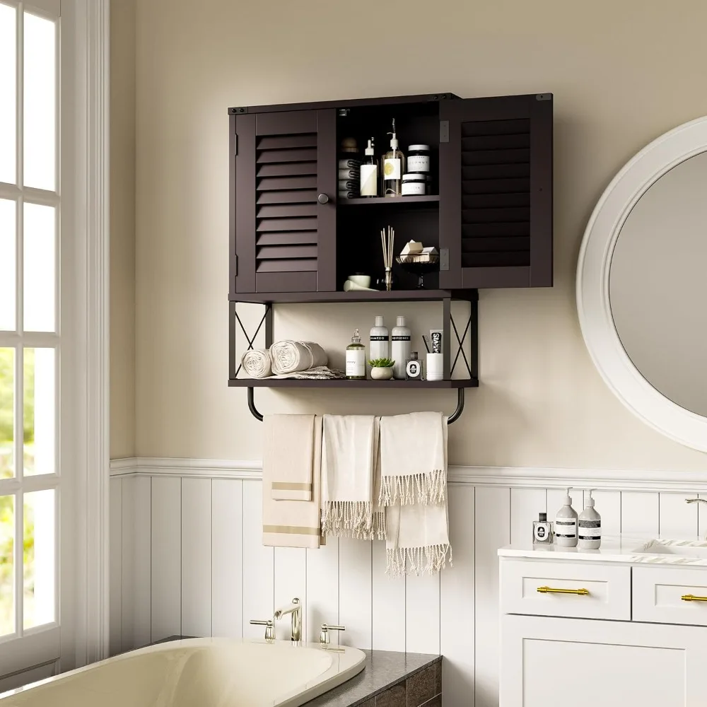 

Bathroom Wall Cabinet with Towel Bar, Hanging Storage Cabinets with Louver Doors, Bathroom Wall