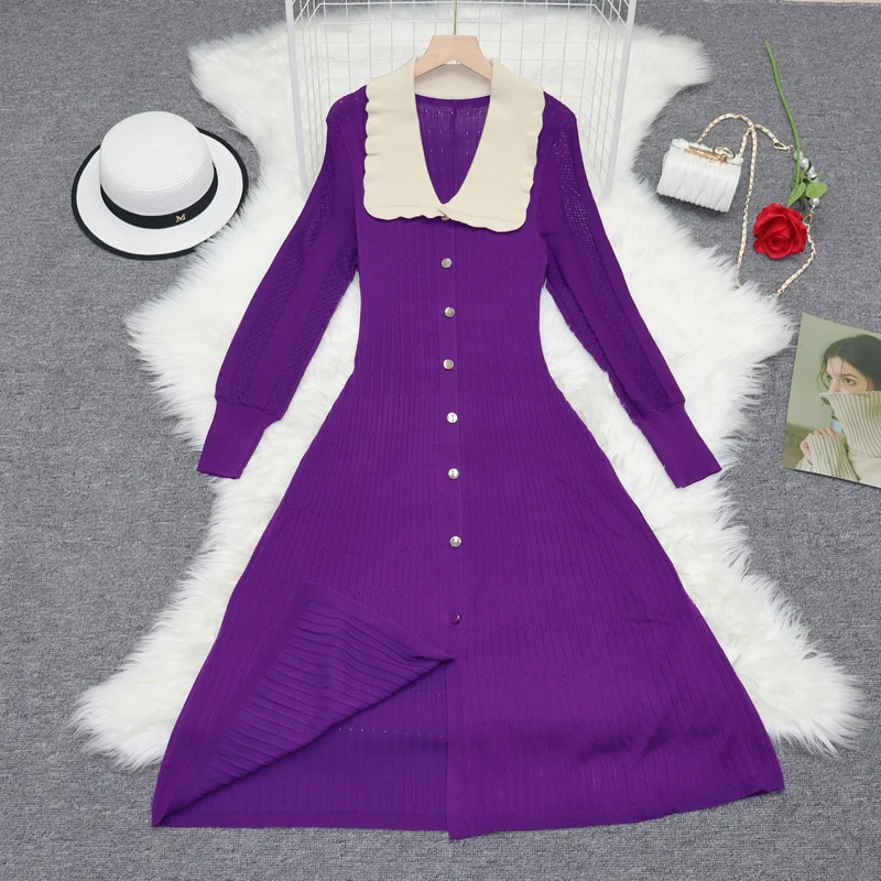 

New Elegant Autumn Winter Purple Hollow Out Knitting Midi Dress Women Doll Collar Single Breasted Stretch Slim Sweater Vestidos