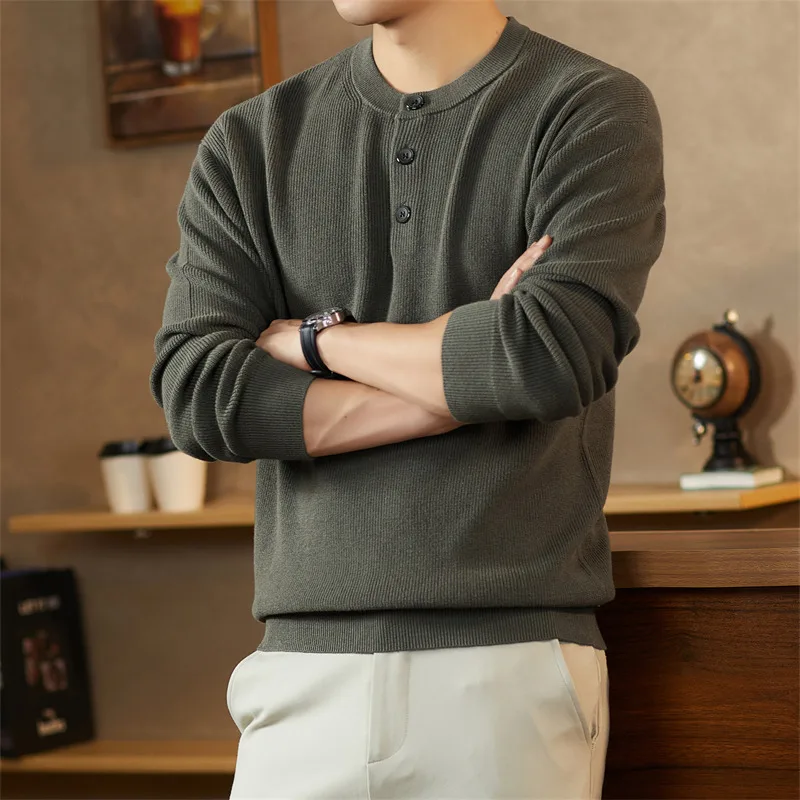 5.8% الماعز الكشمير البلوز 2025 جديد عصري هنري طوق سترة طويلة الأكمام الذكور 94.2% القطن متماسكة الملابس البلوفرات