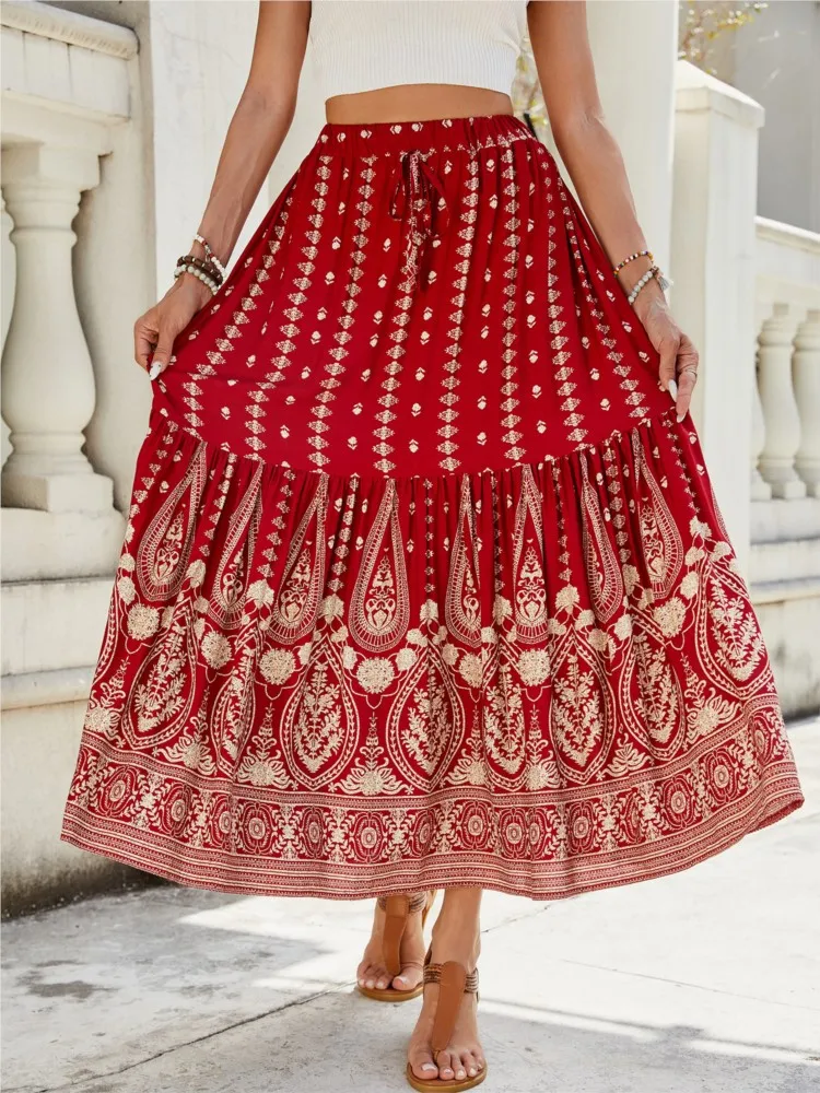 

Boho Vacation Beach Party Skirts For Women 2025 Spring Summer New Print A-line Splic Hem Casual Elastic Waist Long Skirt Vestido