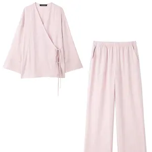 TRAFZA-المرأة خمر أحادية اللون بلوزة طويلة الأكمام الخامس الرقبة الدانتيل قميص مرن الخصر عارضة السراويل بيجامة نمط مجموعات أفضل 12 مجموعة اجتماعية للمبيعات والبلوزات - No7