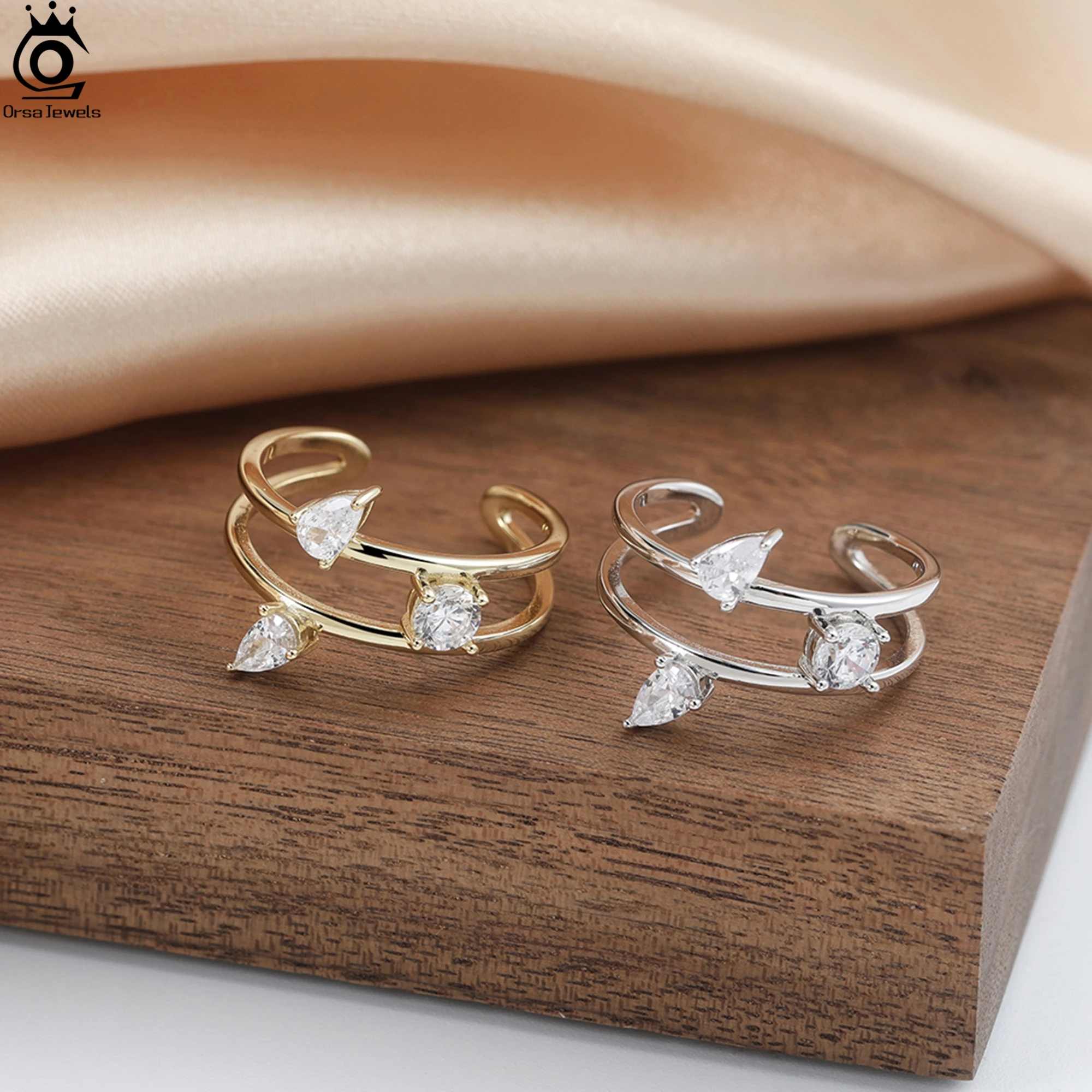 

ORSA JEWELS 14K Gold Double Layered Open Ring With Sparkling Water Drop Zirconia Ornament Finger Rings Jewelry Casual Wear APR39