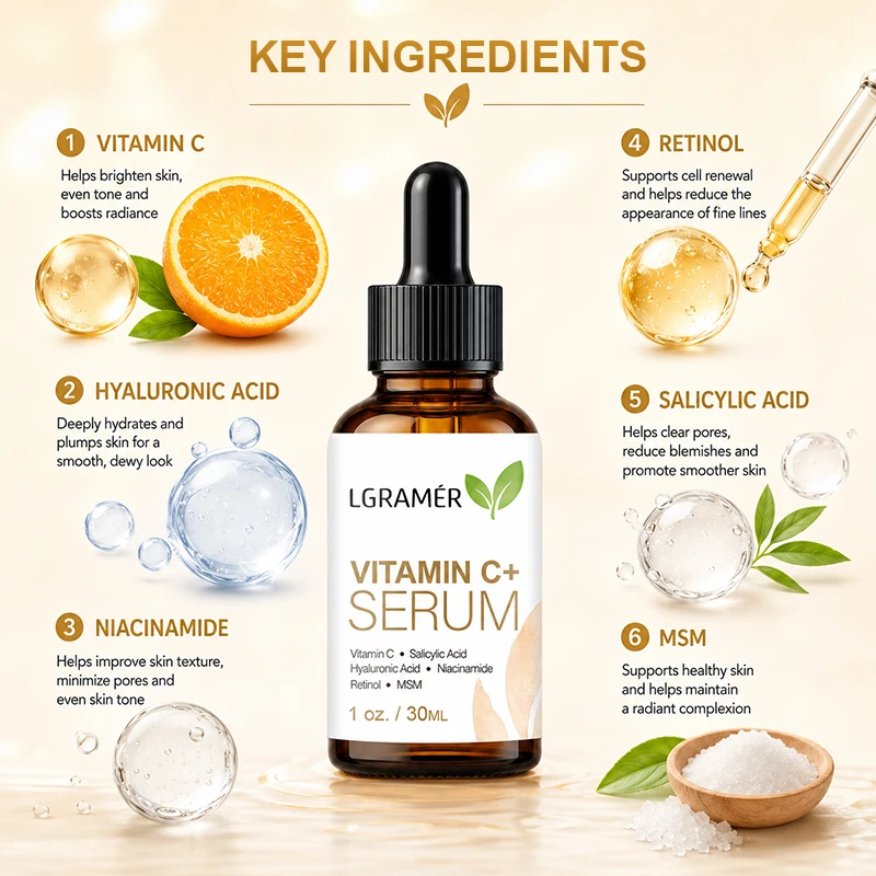 Vitamin C+ Facial Serum With Hyaluronic Acid Brightening Anti Aging Hydrating Facial Essence Fade Dark Spot Daily Face Skin Care