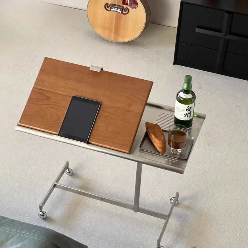 Mobile solid wood wheeled trolley coffee table sheet music rack can be lifted and lowered side table